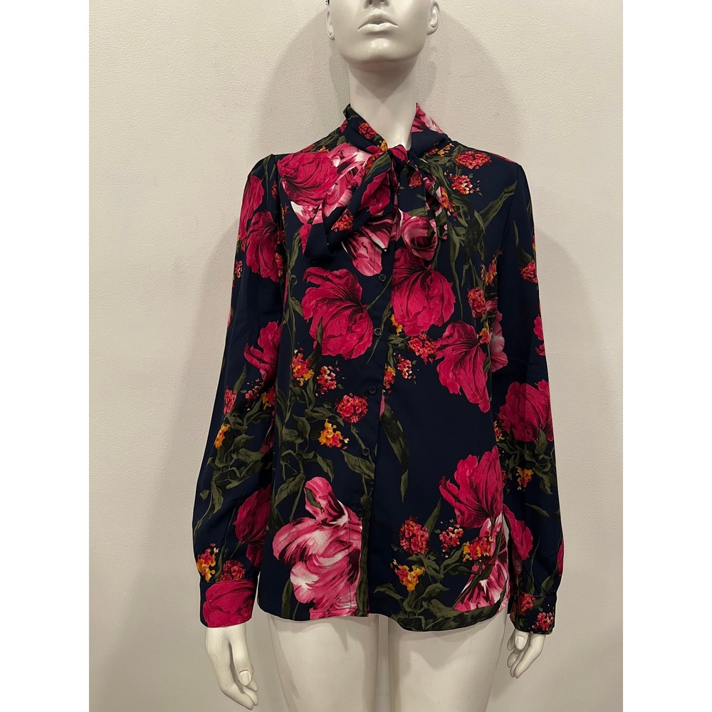 Floral Bow Tie Neck Blouse Women M Navy Pink Long Sleeve Office Career Top OVI